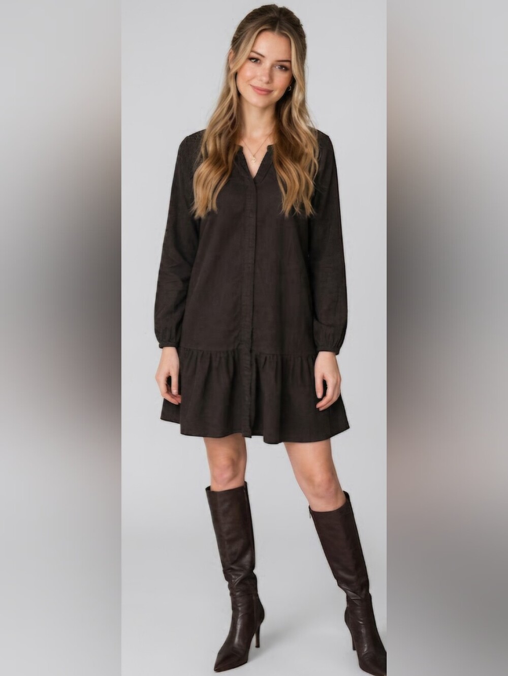 Buffalo David Bitton Black Long Sleeve Tiered Babydoll Mini Dress